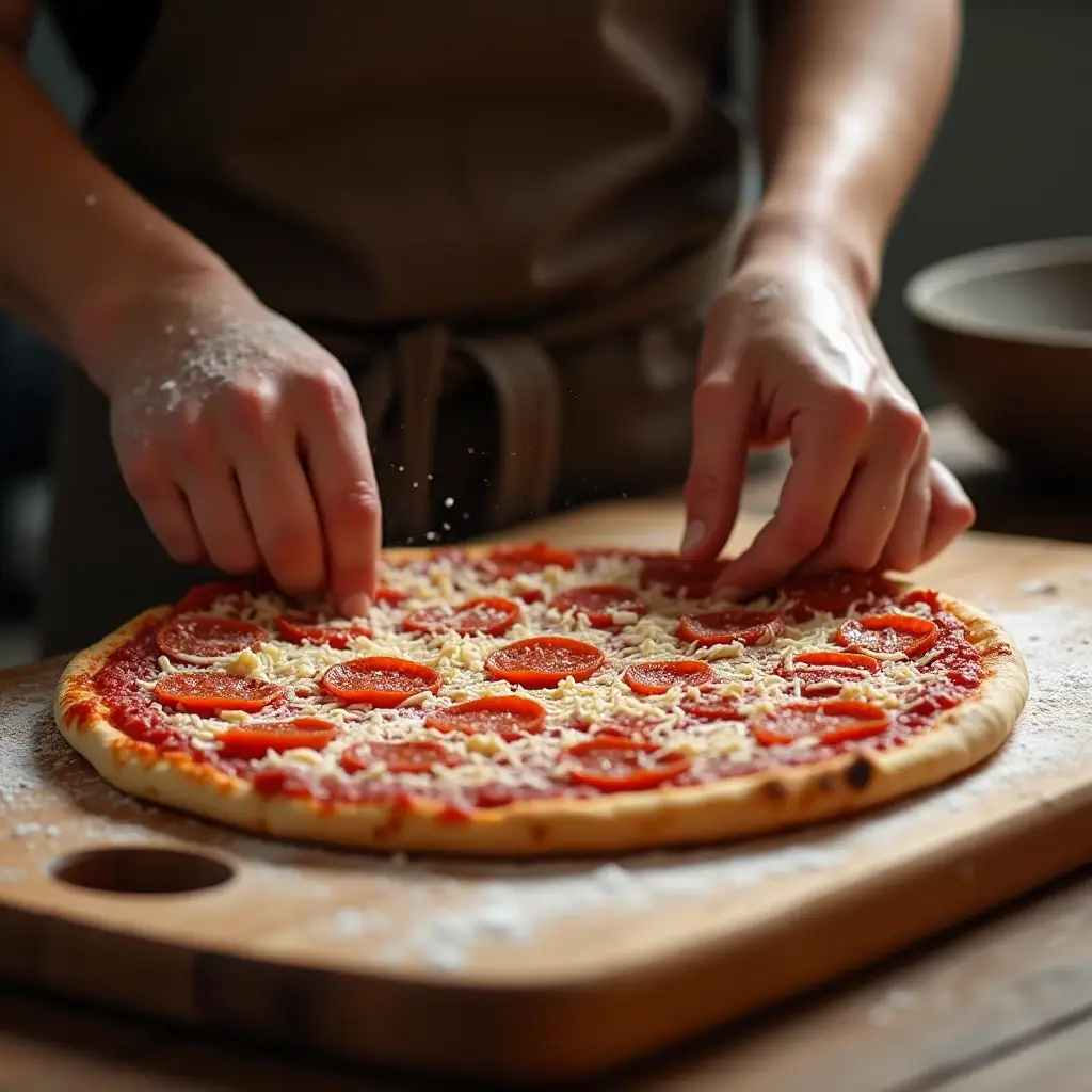 Hands topping dough with pepperoni and cheese