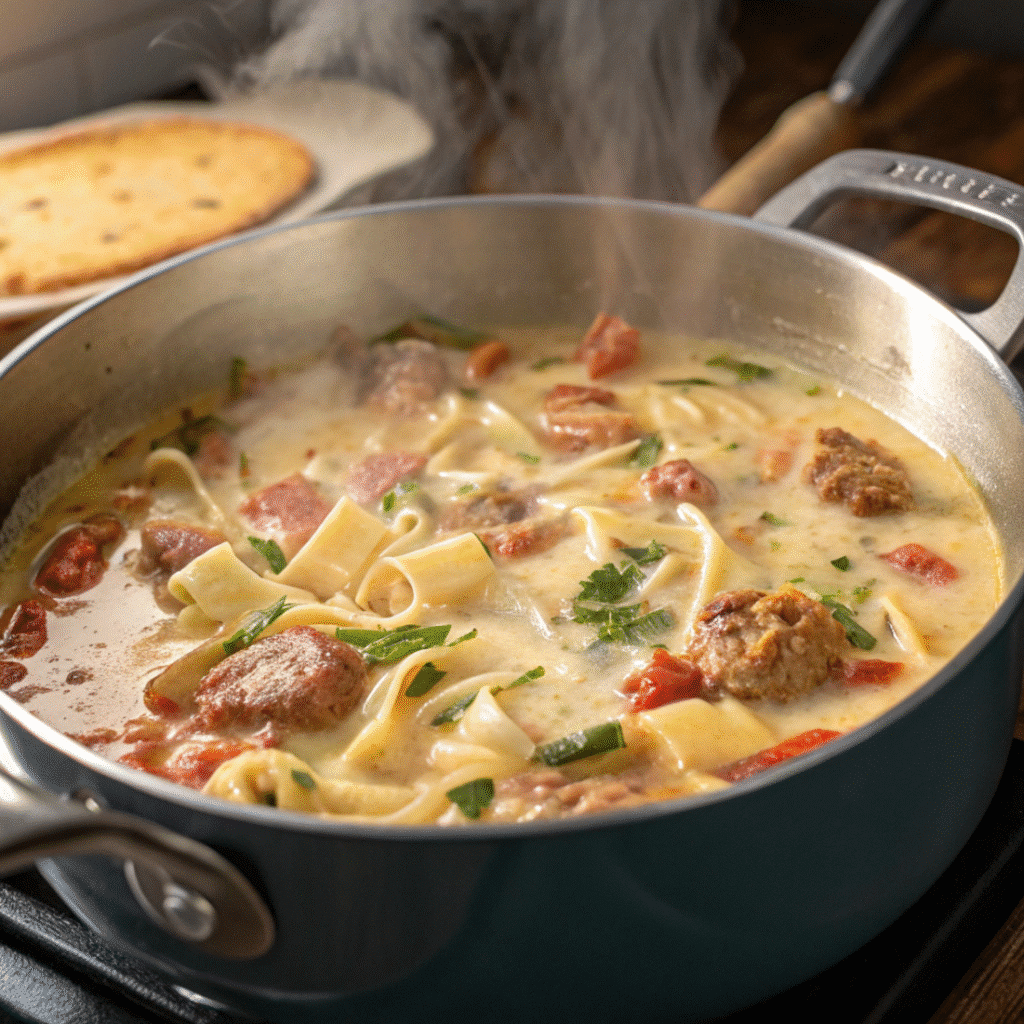 Creamy Alfredo lasagna soup cooking on the stove in a large pot