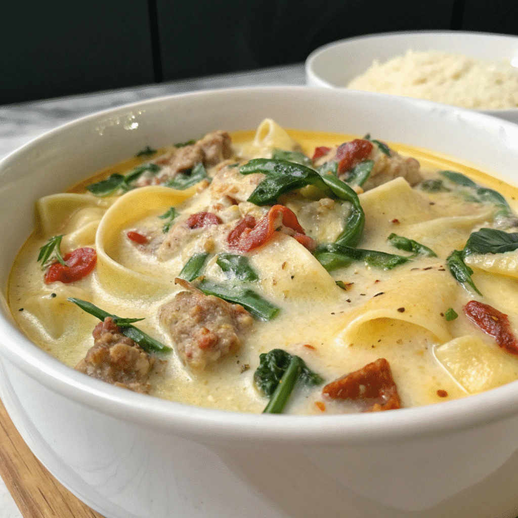 Bowl of creamy Alfredo lasagna soup in a rustic Italian kitchen