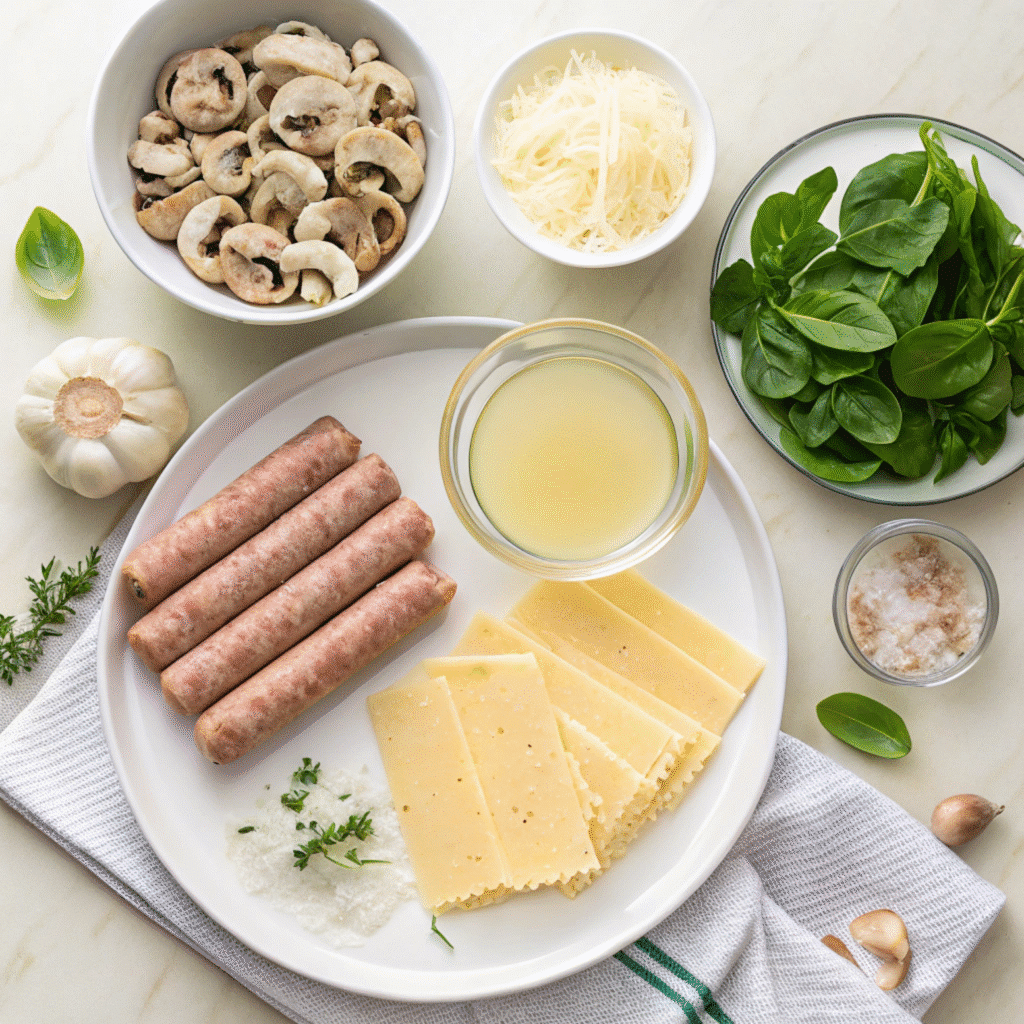 Ingredients for creamy Alfredo lasagna soup laid out on a wooden surface