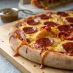 Finished hot honey pepperoni pizza with drizzle shown close-up