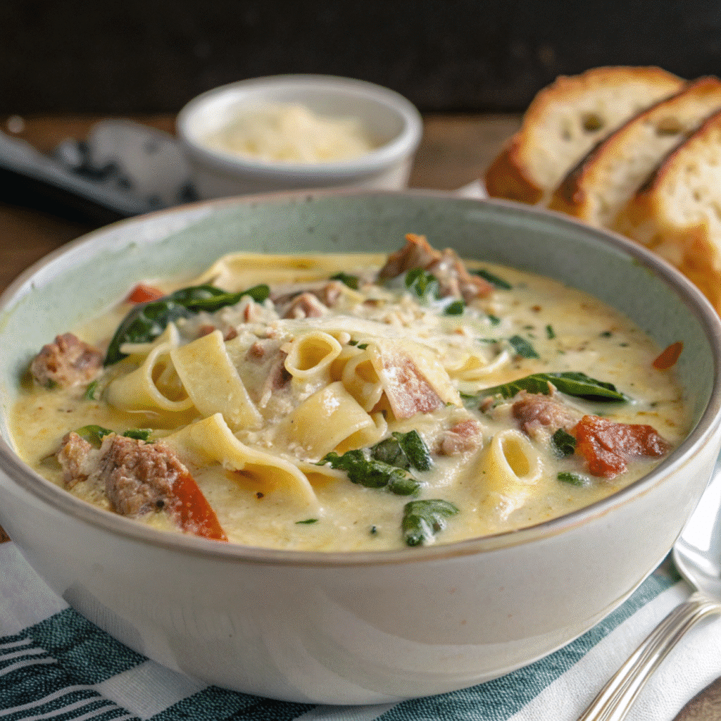 Bowls of creamy Alfredo lasagna soup served with rustic bread