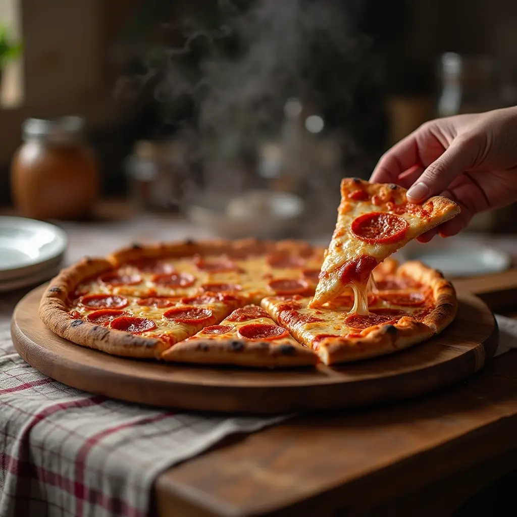 Sliced hot honey pepperoni pizza being served at the table