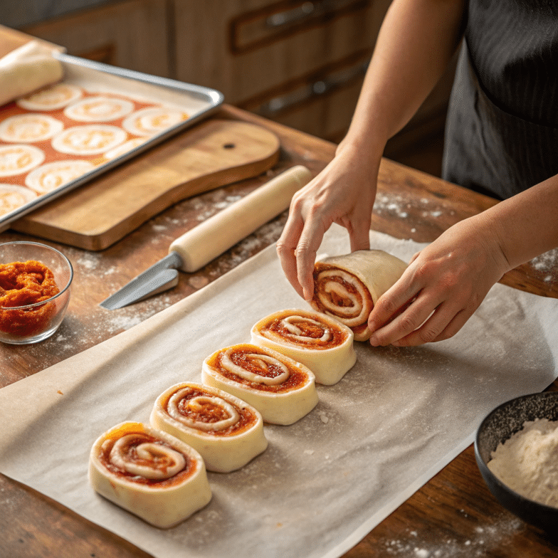 Hands rolling gluten free pizza dough with filling