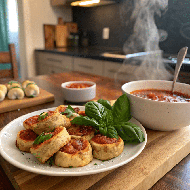 Gluten free pizza rolls served on a plate with basil