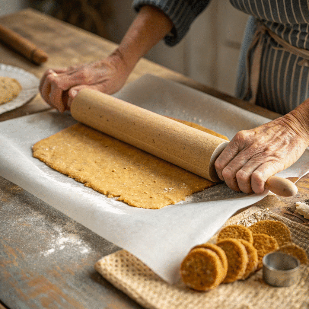 rolling graham cracker dough between parchment paper
