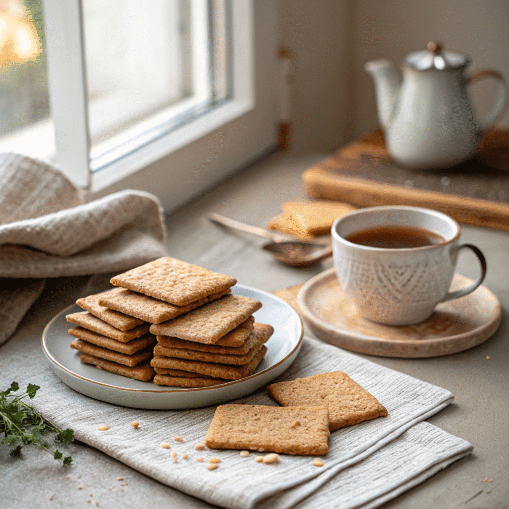 sourdough graham crackers on a plate with tea