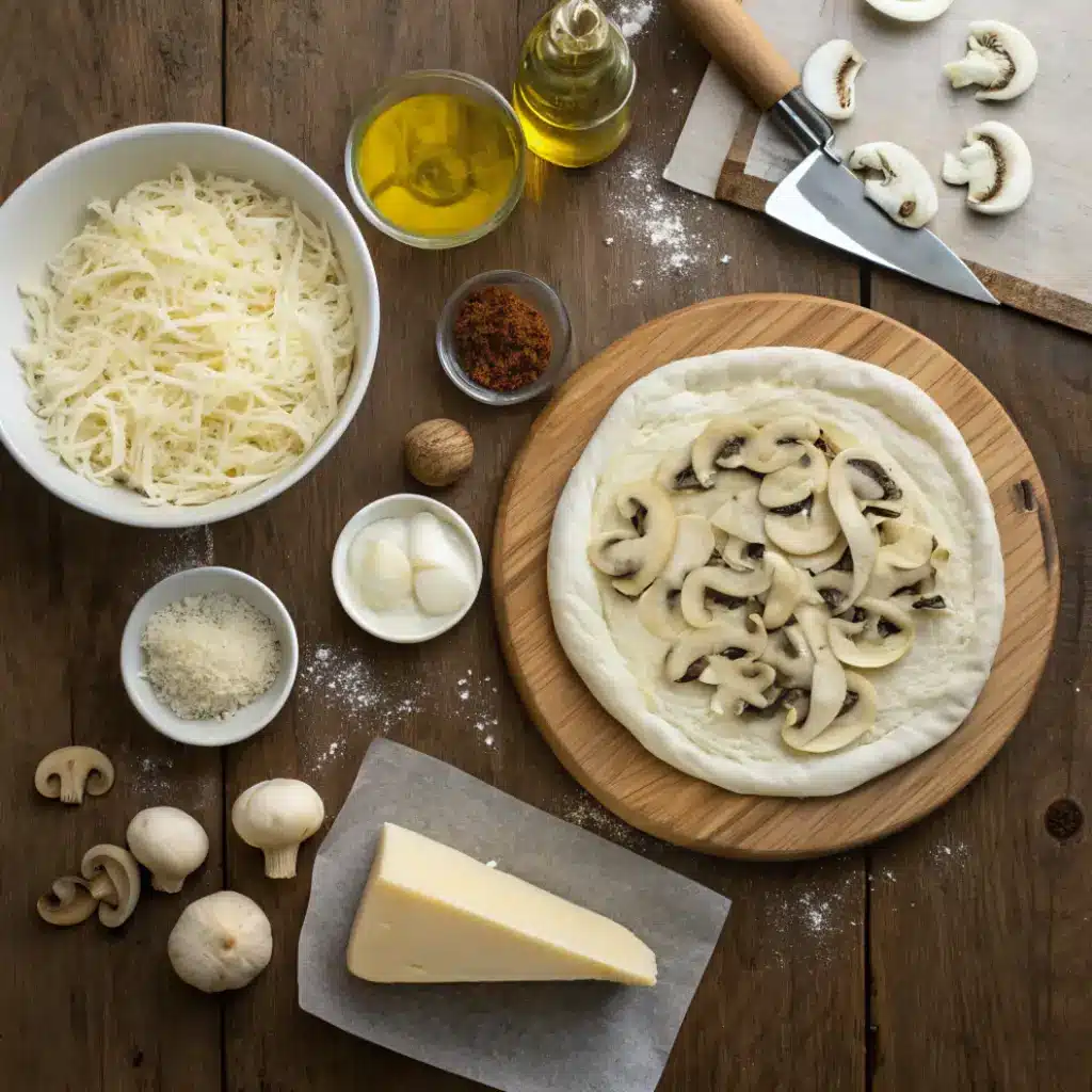 Ingredients for truffle mushroom white pizza on rustic wooden table