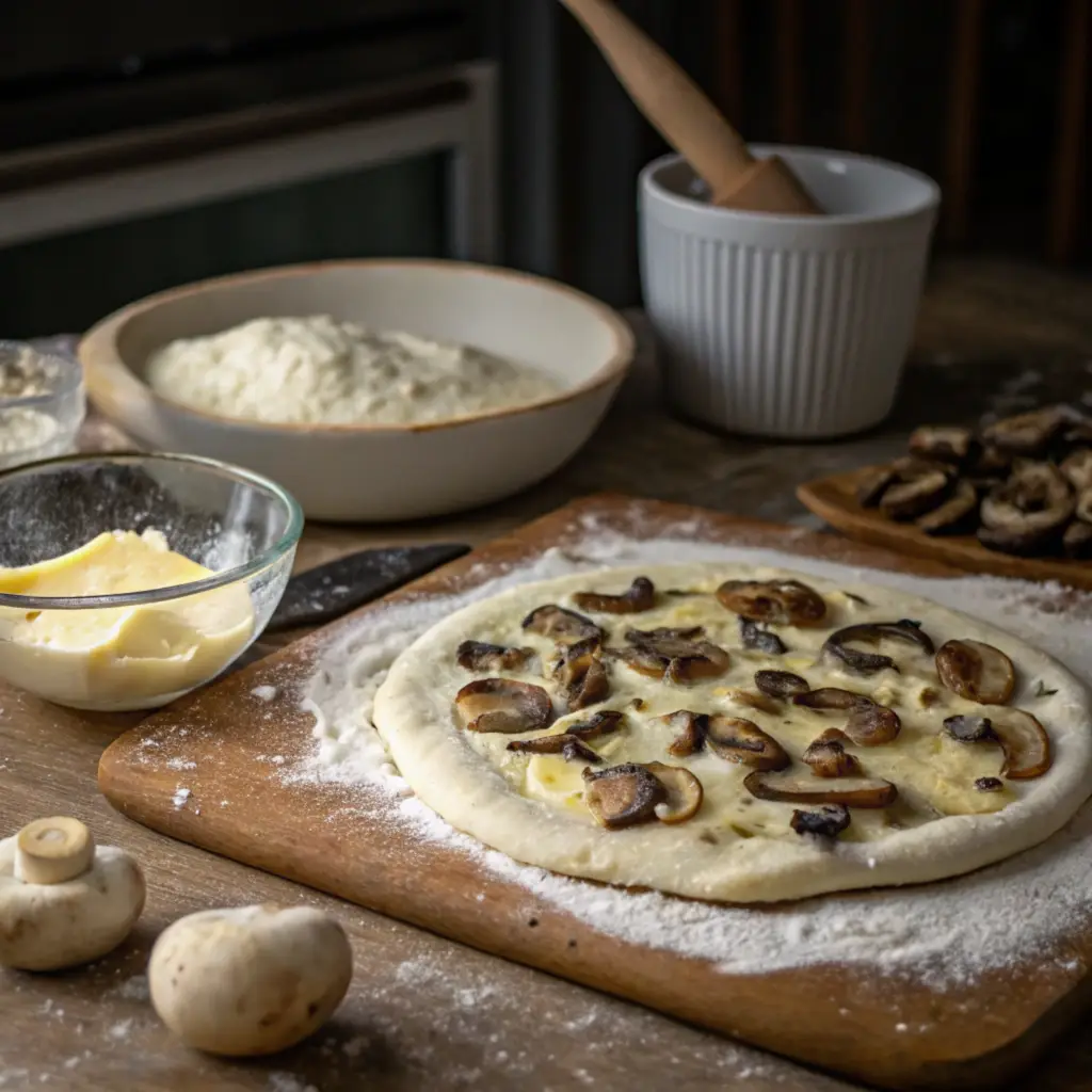 Dough being topped for truffle mushroom white pizza with mushrooms and sauce