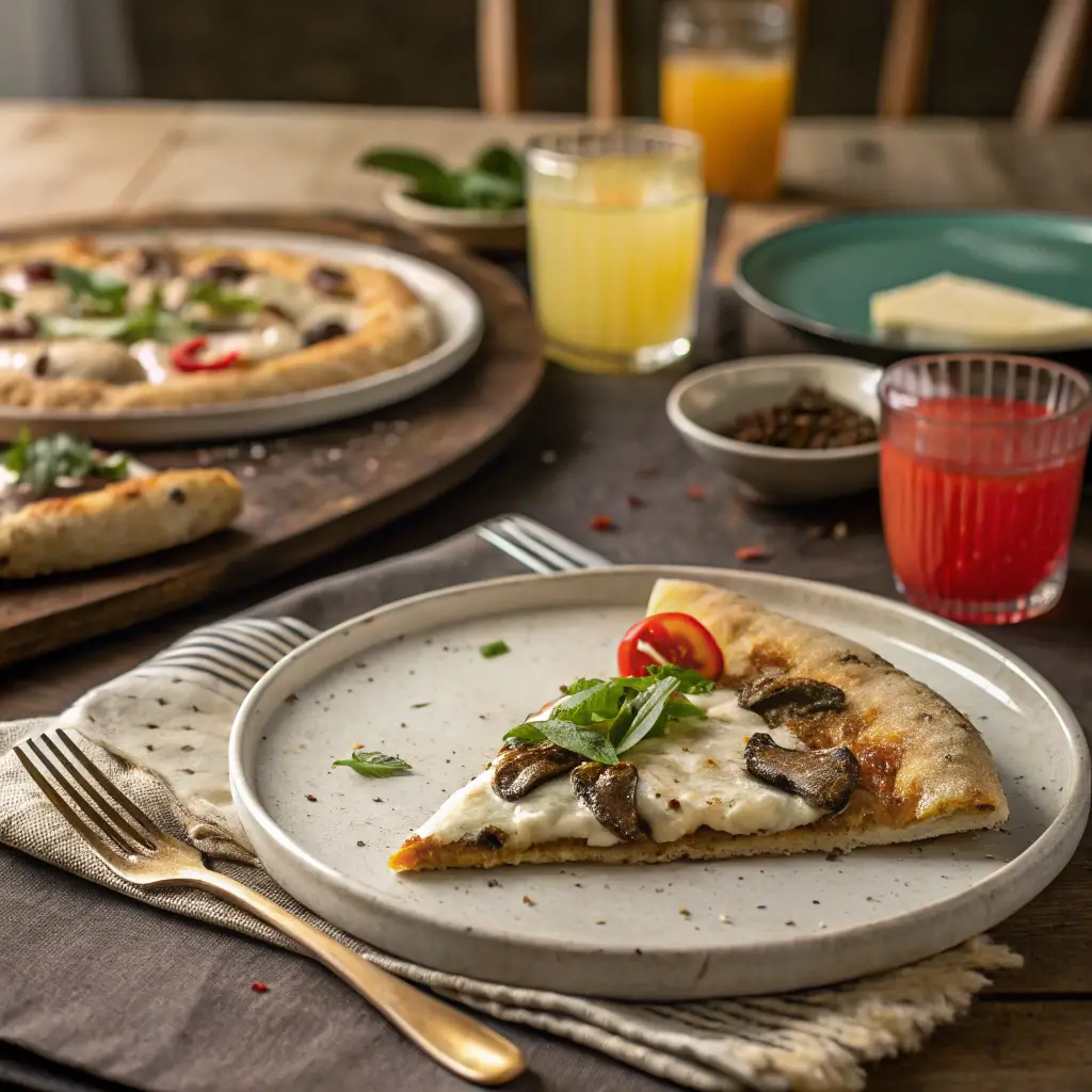 Truffle mushroom white pizza sliced and served on rustic plates